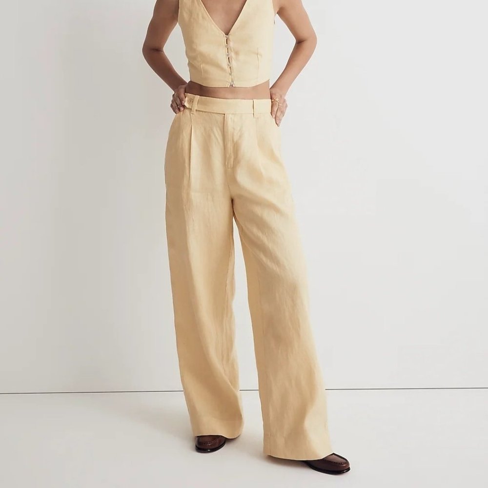 NWT Madewell Sz 16 Harlow Wide-Leg Linen Pants Light Straw Yellow Pleated NJ996